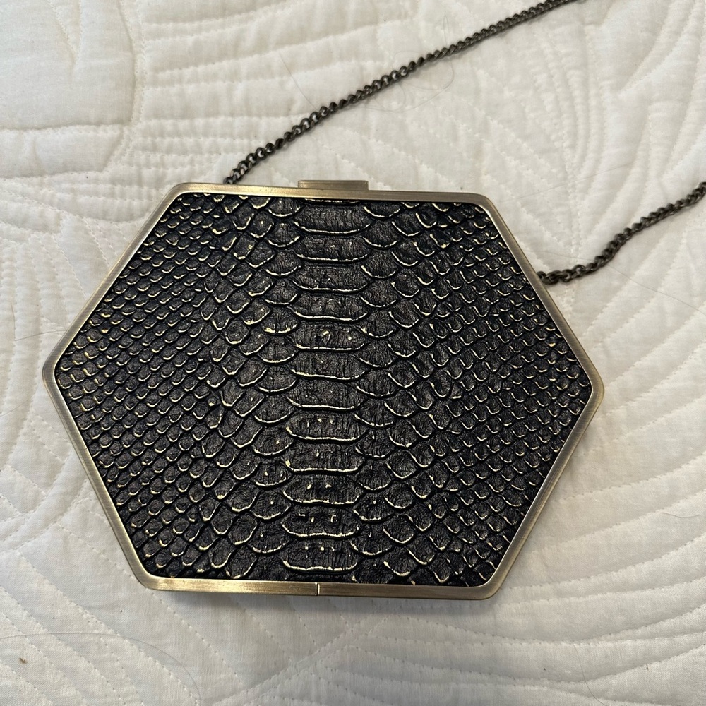 House of Harlow 1960 Black Snakeskin Clutch with Shoulder Chain